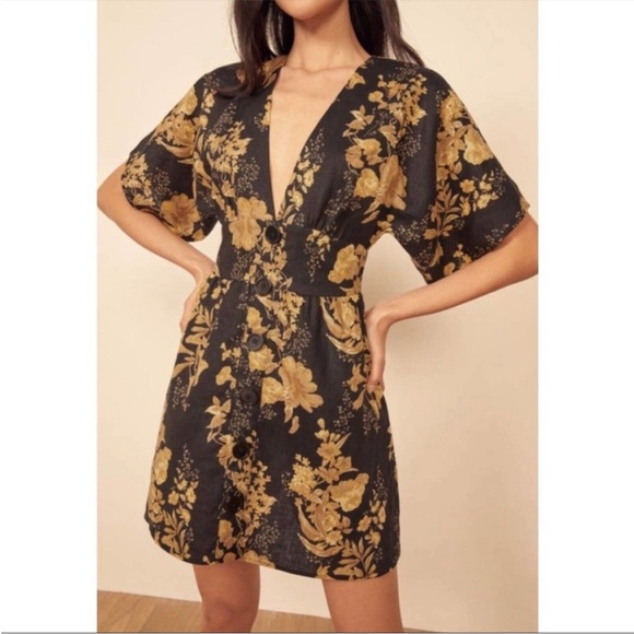 NWOT Reformation Ty Plunge V‎ Neck Kimono Sleeve Floral Linen Mini - Size 2 - Picture 7 of 11